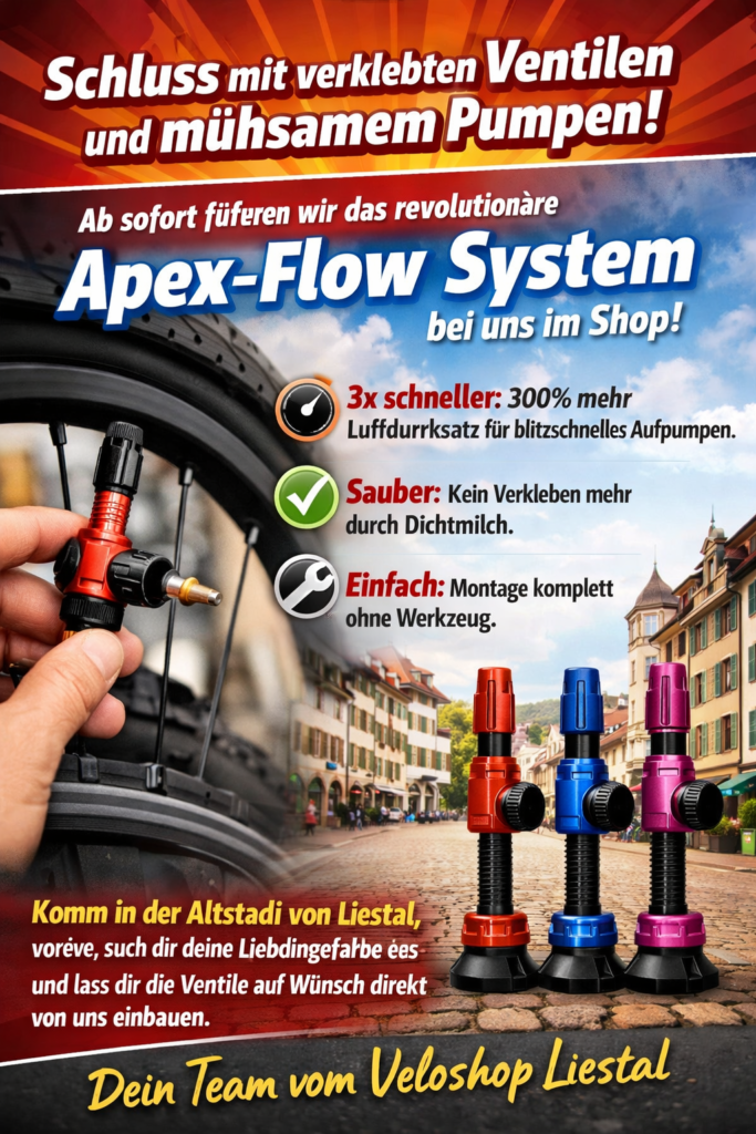 Apex-Flow Ventilsystem für Fahrradreifen – schnelleres Aufpumpen ohne verklebte Ventile