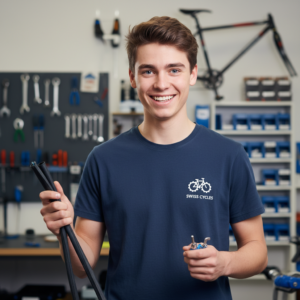 Junger Fahrradmechaniker mit Werkzeug und Fahrradschlauch in Werkstatt