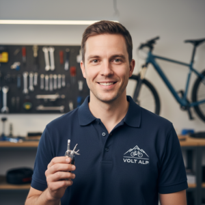 Fahrradmechaniker mit Multitool in moderner Fahrradwerkstatt