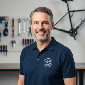 Erfahrener Fahrradmechaniker in moderner Fahrradwerkstatt